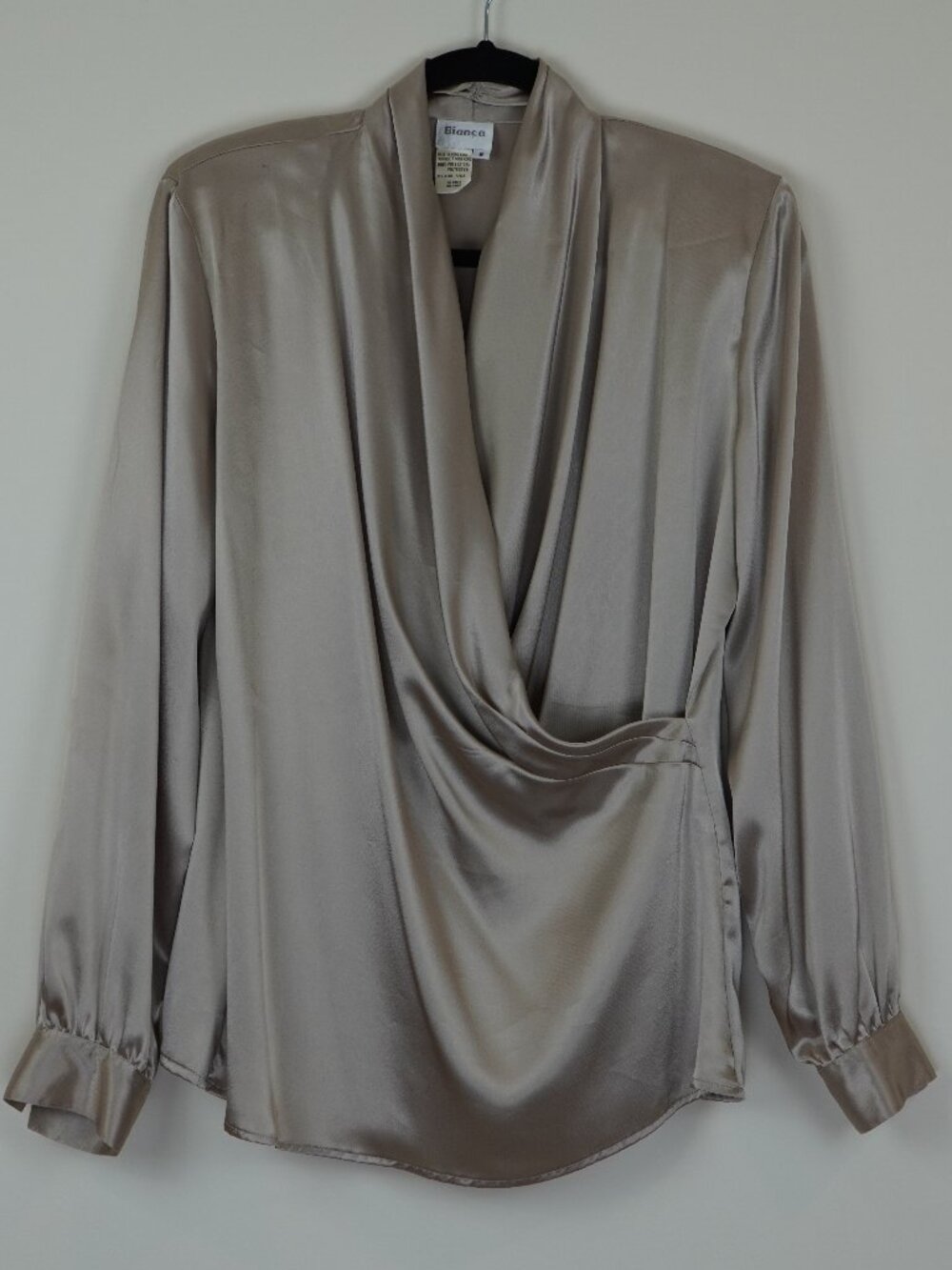 Vintage 80s Champagne Satin Draped Wrap Blouse Shoulder Pads Office Siren 8